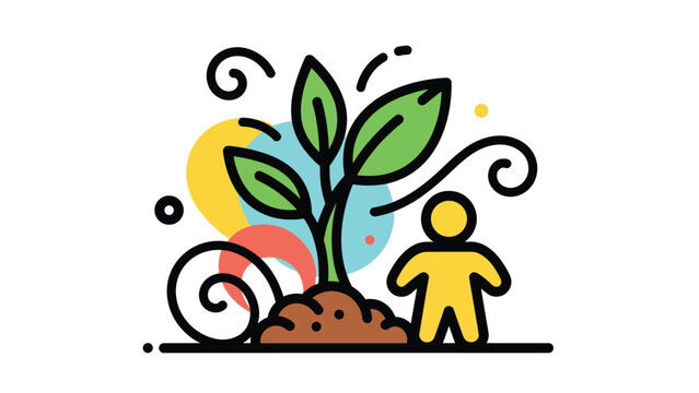 Environmental growth icon featuring a green sprout in brown soil next to a yellow human figure with colorful abstract shapes in background.