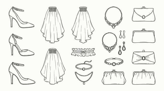 Elegant bridal accessories collection heels veils jewelry and clutches isolated