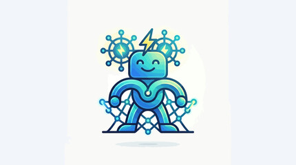 Fototapeta premium Cheerful Blue Robot Character with Lightning Bolt and Corona Virus Design.