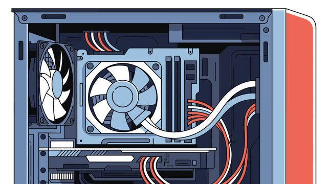 Interior view of a desktop computer case highlights the central processing unit fan, memory modules, and organized power cables.