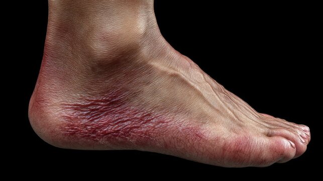 Close-up View of Human Foot with Bruising and Swelling on Ankle and Instep Isolated on Black Background for Medical Illustration