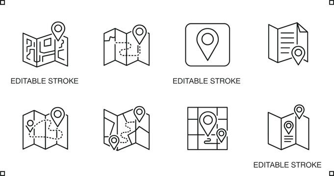 Map navigation icons set location pin route direction editable stroke line vector collection symbols design