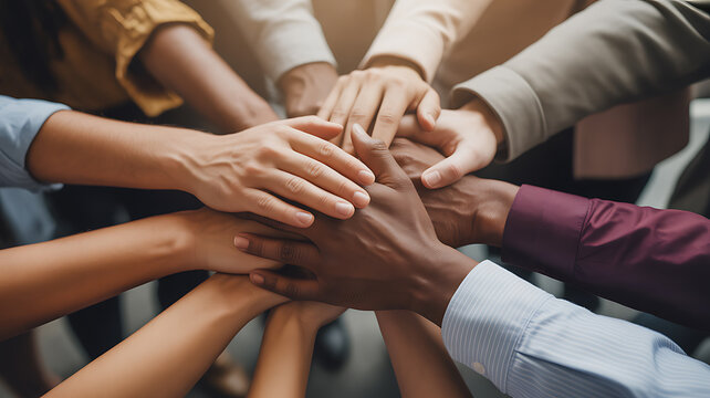 Hands stacked together in unity emphasizing natural beauty and tranquility
