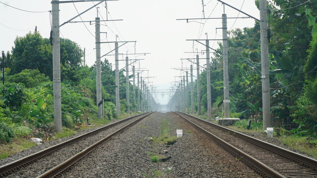 Railway Tracks Perspective with Electric Poles in Rural Landscape