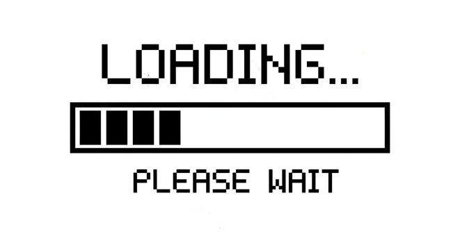 A loading screen with a progress bar and a please wait message