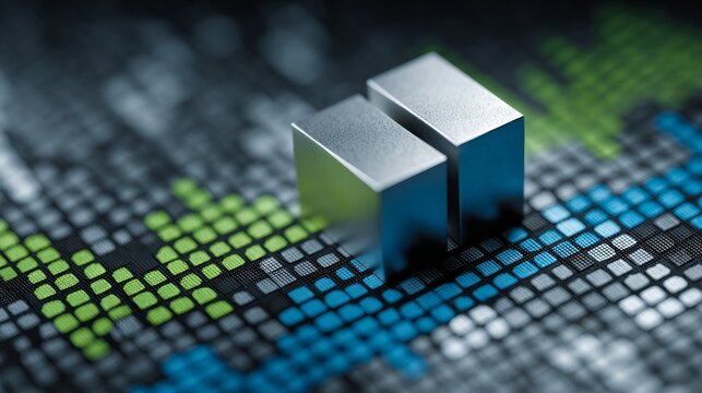 Editorial science fiction illustration with sleek icon on blue and gray gradient background, close up of green economic graph, futuristic financial concept, modern business and technology design