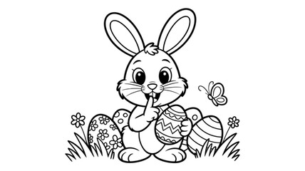 Fototapeta premium Cute cartoon bunny sitting among colorful easter eggs in grassy field Vector