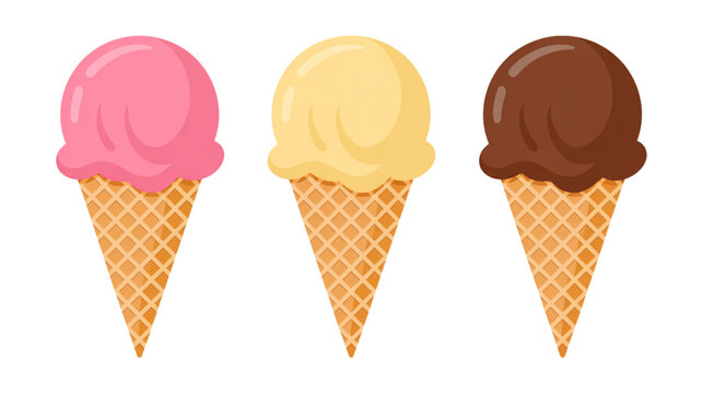 Three colorful ice cream cones with different flavors in a row Vector