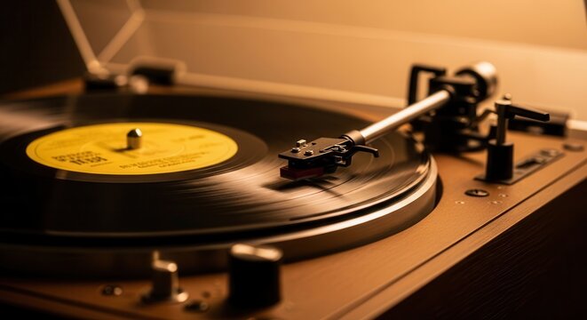 Close-up of a vintage vinyl record player with needle on spinning black LP