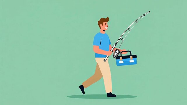 A cheerful fishtman character in animation style holding a fishing rod and tackle box