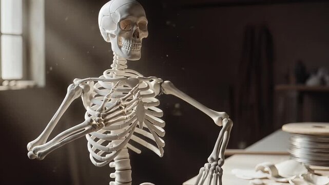 Skeleton working at desk in dark room with window light.