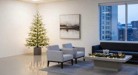 Fototapeta premium Modern office lounge decorated for Christmas with a festive tree and holiday lights creating a warm inviting atmosphere