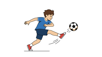 Obraz premium Cartoon boy in blue shirt kicking soccer ball with red shoes in motion, sports action scene in playful flat design style for kids