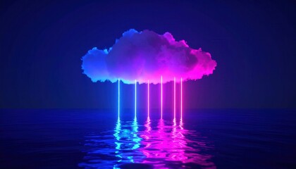 Pojedyncza chmura nad spokojnym oceanem z pionowymi neonami i kolorowymi refleksami magenta i cyjan