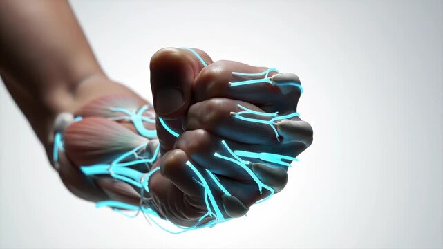 close-up of a human hand flexing as luminous tendon structures stretch like tension cables between muscle and bone, visualizing grip strength, force transmission and precise biomechanical control