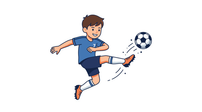 A young boy wearing a blue shirt and shorts kicking a soccer ball with his right foot in a playful cartoon artistic style during a fun outdoor sports activity