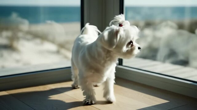 Adorable Maltese Dog Gazing Out the Window at the Beach.