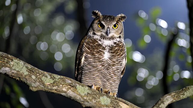 Great Horned Owl Perched on a Tree Branch at Night.