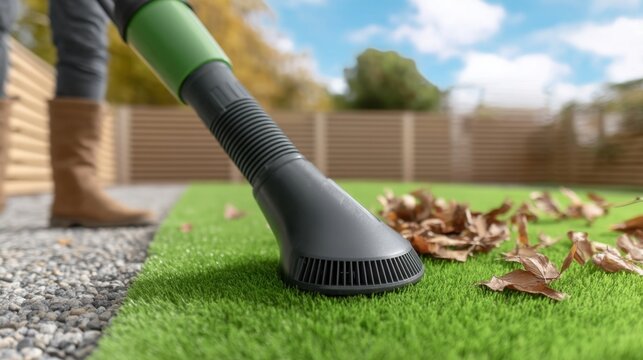 High-Performance Leaf Blower on Artificial Grass with Autumn Leaves, Capturing Clear Sky and Lush Green Environment for Outdoor Cleaning Projects