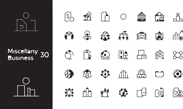 A collection of 30 distinct, minimalist business and team icons representing various aspects of commerce and collaboration, perfect for digital and print media