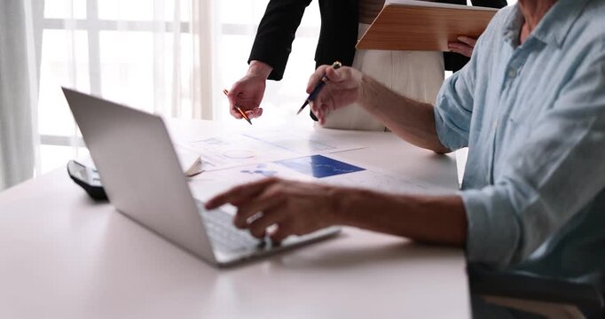 Analyze financial data and accounting record with calculator in meeting office, Accounting company charts and graphs banner, double exposure successful business finance and taxation planning concept.