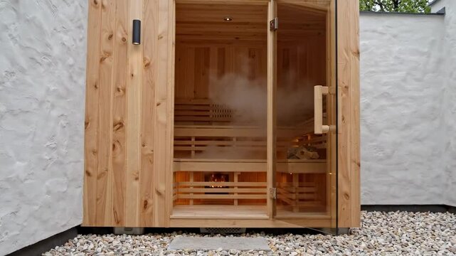 Modern swedish sauna cube in a minimalist courtyard with pebble ground, glass door and warm timber glow, conveying compact outdoor luxury, clean architecture and private home spa comfort with calm