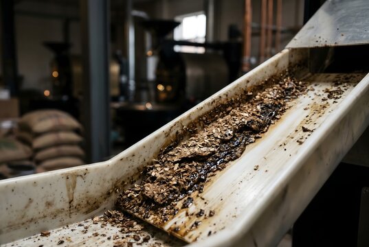 Macro close-up of a coffee roaster cooling chute encrusted with roasted chaff and dark oils