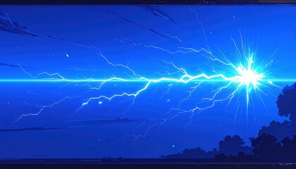 Niebieska błyskawica na nocnym niebie nad sylwetką lasu z intensywnym blaskiem i energią