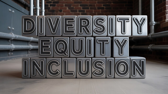 Metal blocks spelling diversity equity inclusion symbolizing freedom, adventure, and exploration