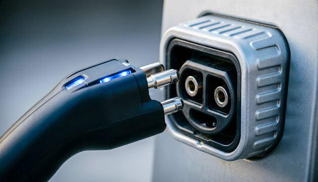 Ultimate close-up of an electric vehicle charging plug connecting to a power socket.