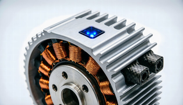 Close-up detailed view of a regenerative braking system component in a clean industrial art style.
