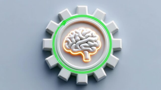 Seamless loop AI brain gear animation, intelligent automation system, corporate technology concept.