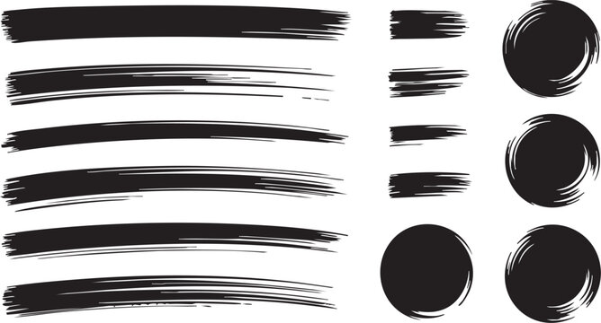 Black ink brush strokes and paint circles set, hand drawn artistic grunge textures, 14 vector brush elements for graphic design and calligraphy