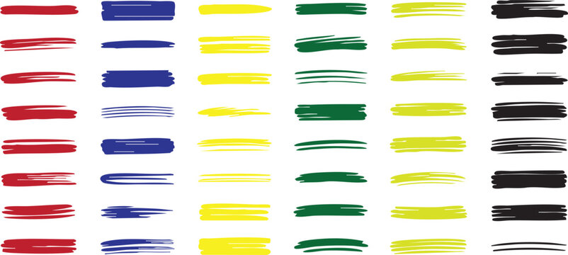 Hand drawn marker brush strokes set, colorful highlighter ink lines vector collection, vibrant felt tip pen textures for highlighting and underlining