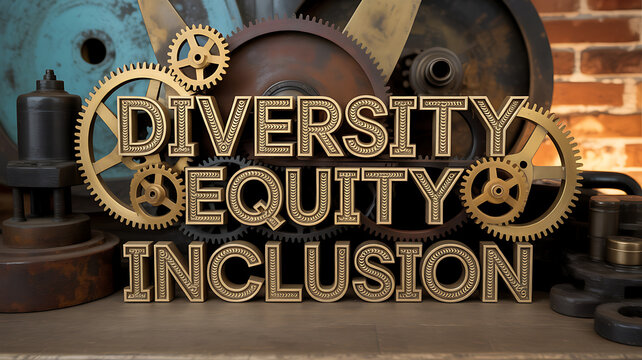 Industrial gears with diversity equity inclusion text emphasizing teamwork and professional collaboration