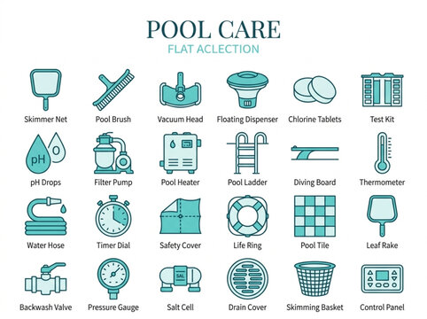 Professional pool care and maintenance icon set featuring cleaning tools, chemical testing equipment, and safety accessories for swimming pool service management