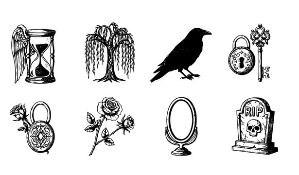 Vintage gothic symbol vector set winged hourglass raven skull key dark engraving icons
