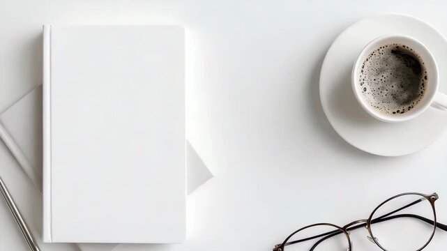 Morning coffee with notebook and glasses on table for writing and planning