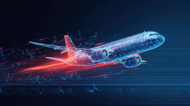 An artistic depiction of an airplane takes flight, soaring through the sky with a futuristic, digitized appearance.  ..Created with Generative AI, not depicting real subjects.