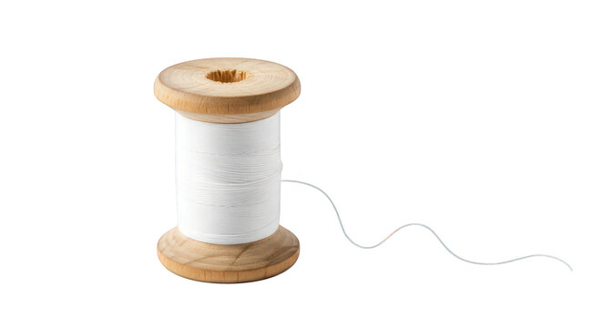 White thread on wooden spool with loose end isolated on transparent background