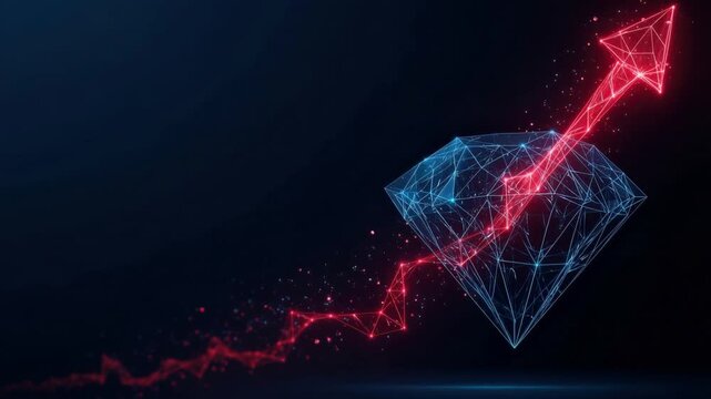 A diamond symbolizes value and is depicted with a bright arrow pointing upward in a futuristic digital illustration.  ..Created with Generative AI, not depicting real subjects.
