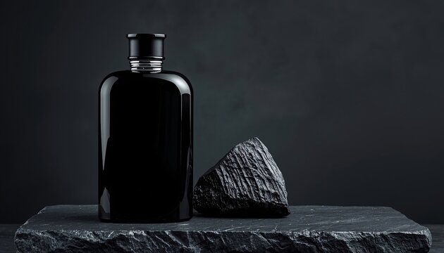 Sleek Men's Cologne Bottle Next to Raw Volcanic Obsidian Stone.