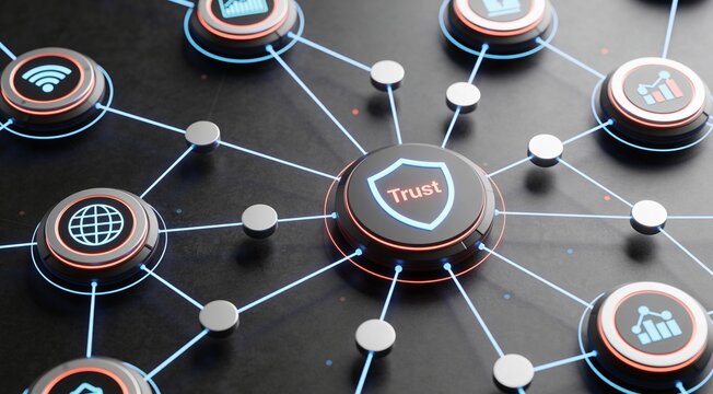 Interconnected security node network radiating from a protected trust center, premium enterprise topology visual for zero trust security, access governance and resilient digital infrastructure