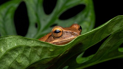 Obraz premium Close-up of a small brown frog peeking from behind large green leaves in a dark environment.