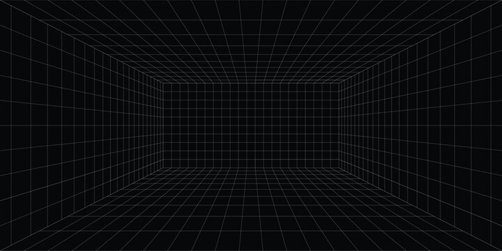 Futuristic perspective grid box. Abstract wireframe with white grid line on black background. Virtual reality landscape in 80s 90s digital style. Vector