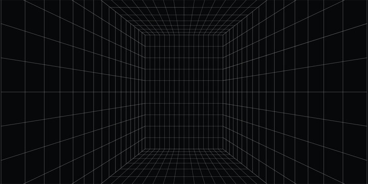 Futuristic perspective grid box. Abstract wireframe with white grid line on black background. Virtual reality landscape in 80s 90s digital style. Vector
