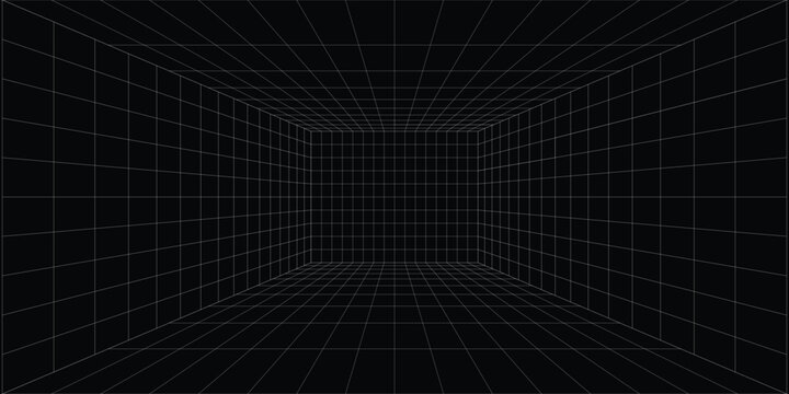 Futuristic perspective grid box. Abstract wireframe with white grid line on black background. Virtual reality landscape in 80s 90s digital style. Vector