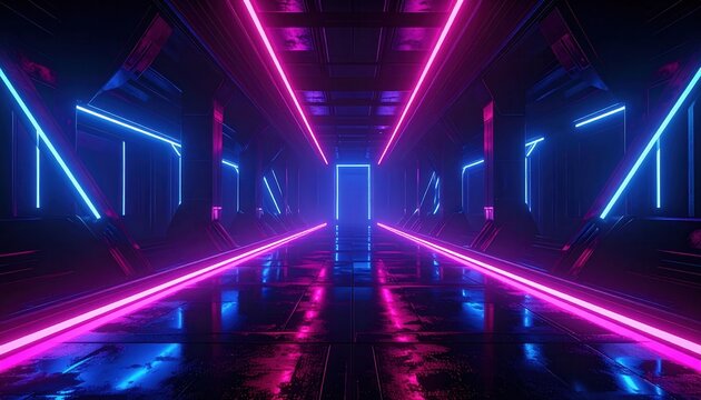 Futurystyczny korytarz neonowy, wnętrze z odbijającą mokrą podłogą, r&oacute;żowe i niebieskie paski LED, symetryczny hol sci-fi do oświetlonych drzwi