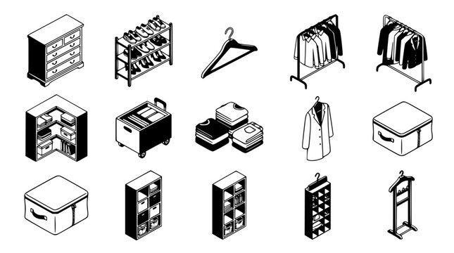 Isometric vector collection of various modern wardrobe and storage furniture