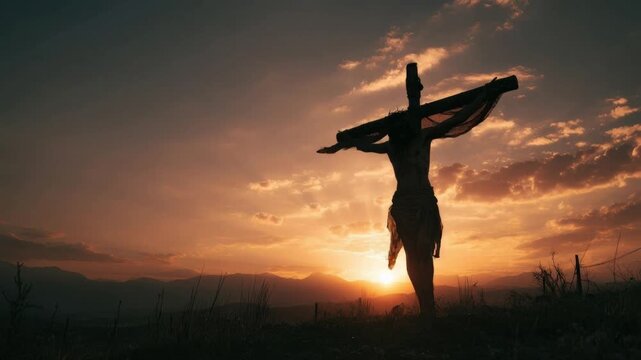A poignant silhouette of a figure holding a cross against a dramatic sunset, evoking themes of faith, sacrifice, and spiritual reflection. ..Created with Generative AI, not depicting real subjects.